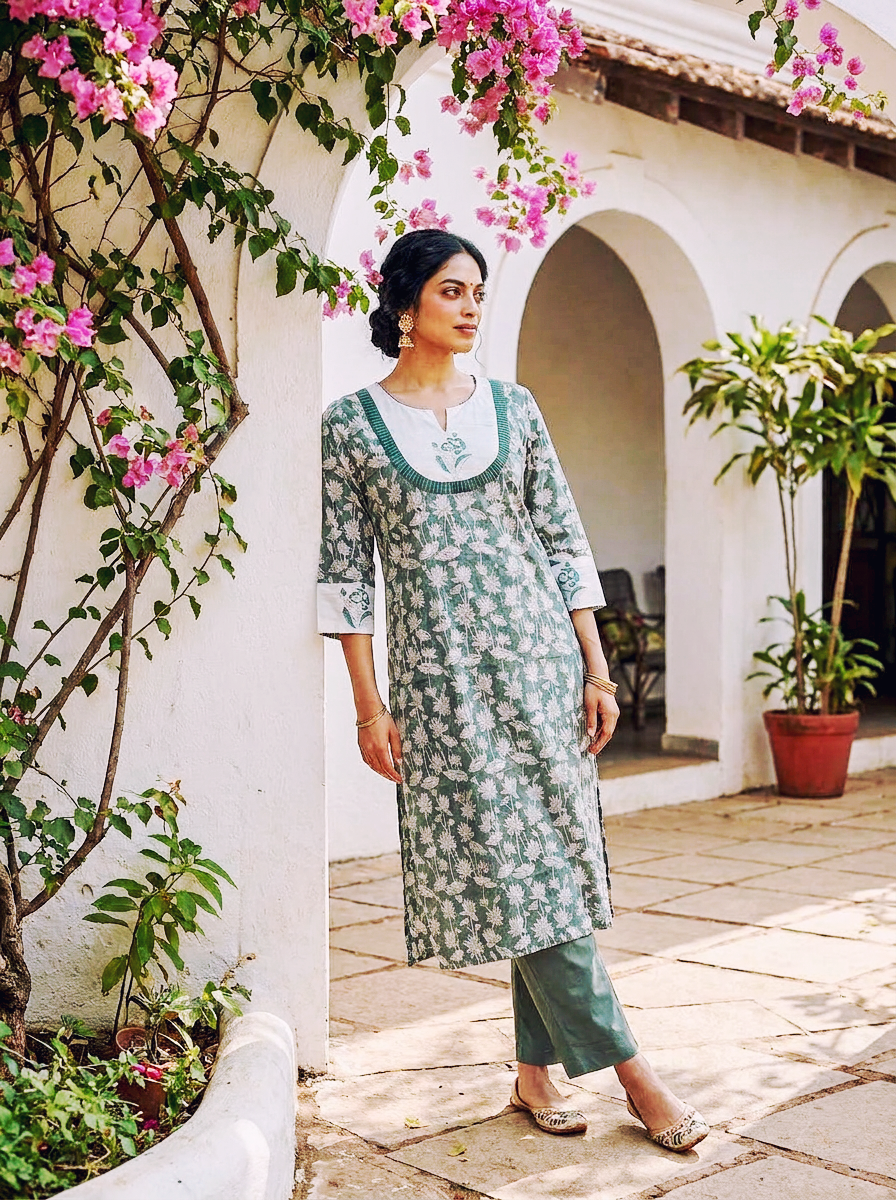 Sage Green Hand Block Print Cotton Kurta Set with Pants & Kota Dupatta — view 5