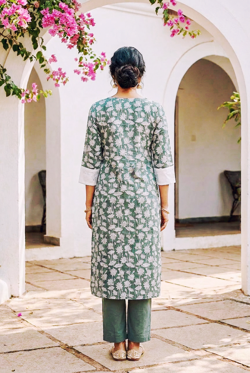 Sage Green Hand Block Print Cotton Kurta Set with Pants & Kota Dupatta — view 6