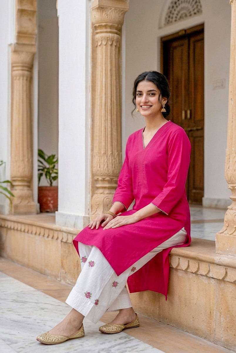 Fuchsia Pink Cotton Kurta with Embroidered Farshi Salwar — view 4