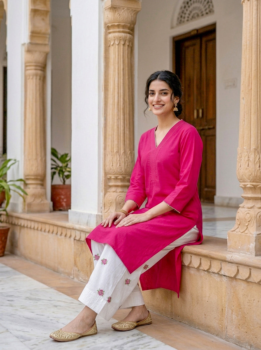 Fuchsia Pink Cotton Kurta with Embroidered Farshi Salwar — view 4
