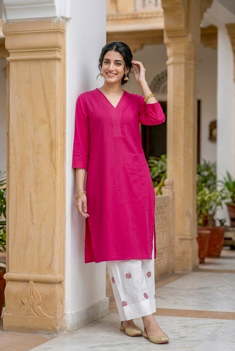 Fuchsia Pink Cotton Kurta with Embroidered Farshi Salwar — view 5