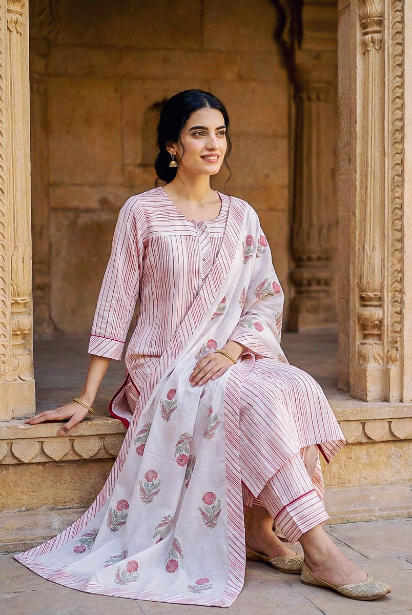 Red & White Striped Hand Block Print Cotton Kurta Set with Pants & Floral Dupatta — seated look with dupatta
