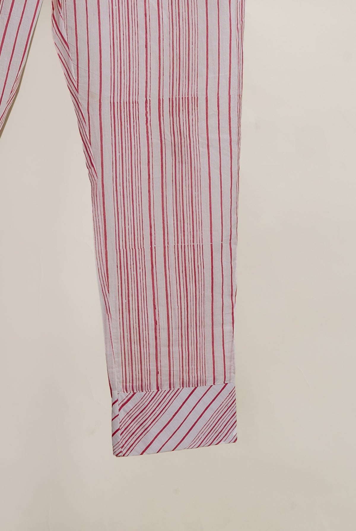 Red & White Striped Hand Block Print Cotton Kurta Set with Pants & Floral Dupatta — striped pants with red piped hem detail
