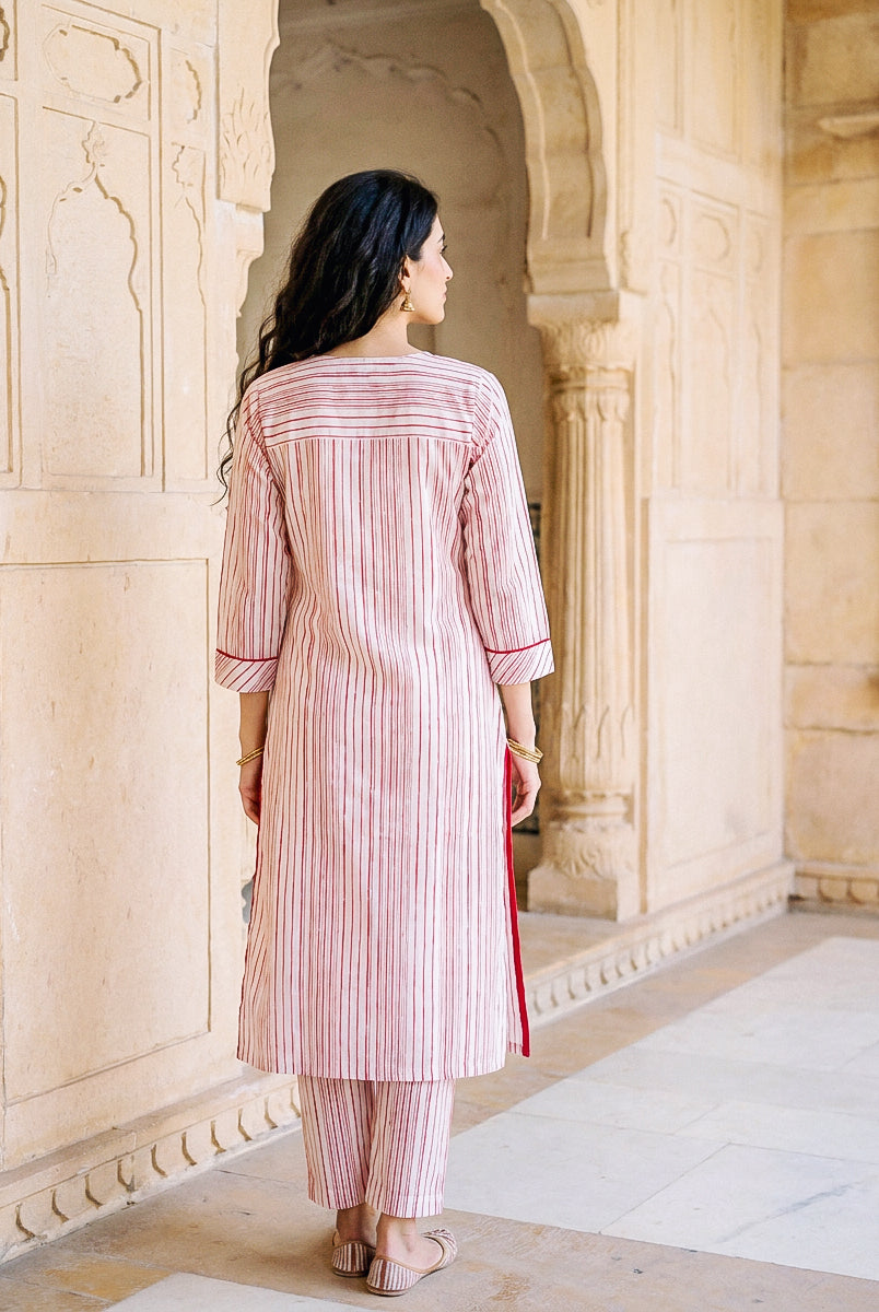 Red & White Striped Hand Block Print Cotton Kurta Set with Pants & Floral Dupatta — back view without dupatta