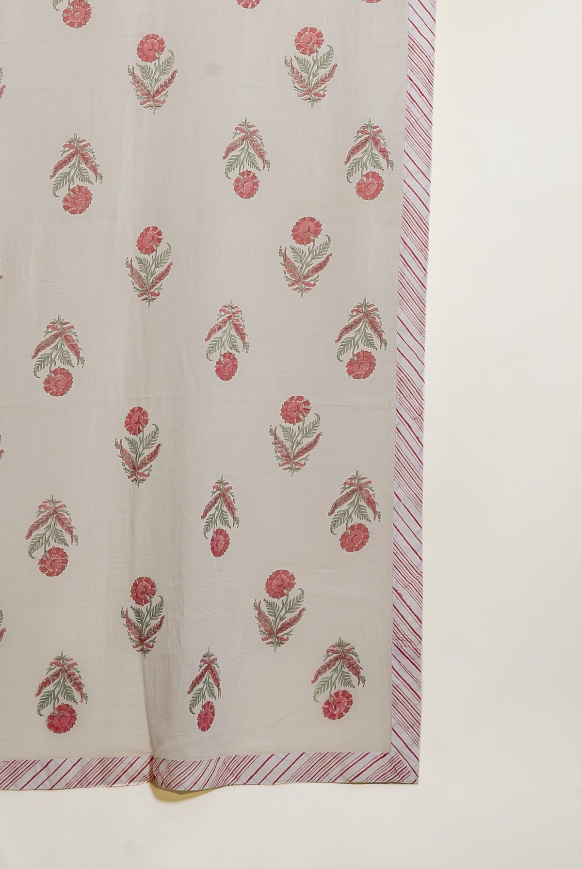 Red & White Striped Hand Block Print Cotton Kurta Set with Pants & Floral Dupatta — floral block print dupatta detail