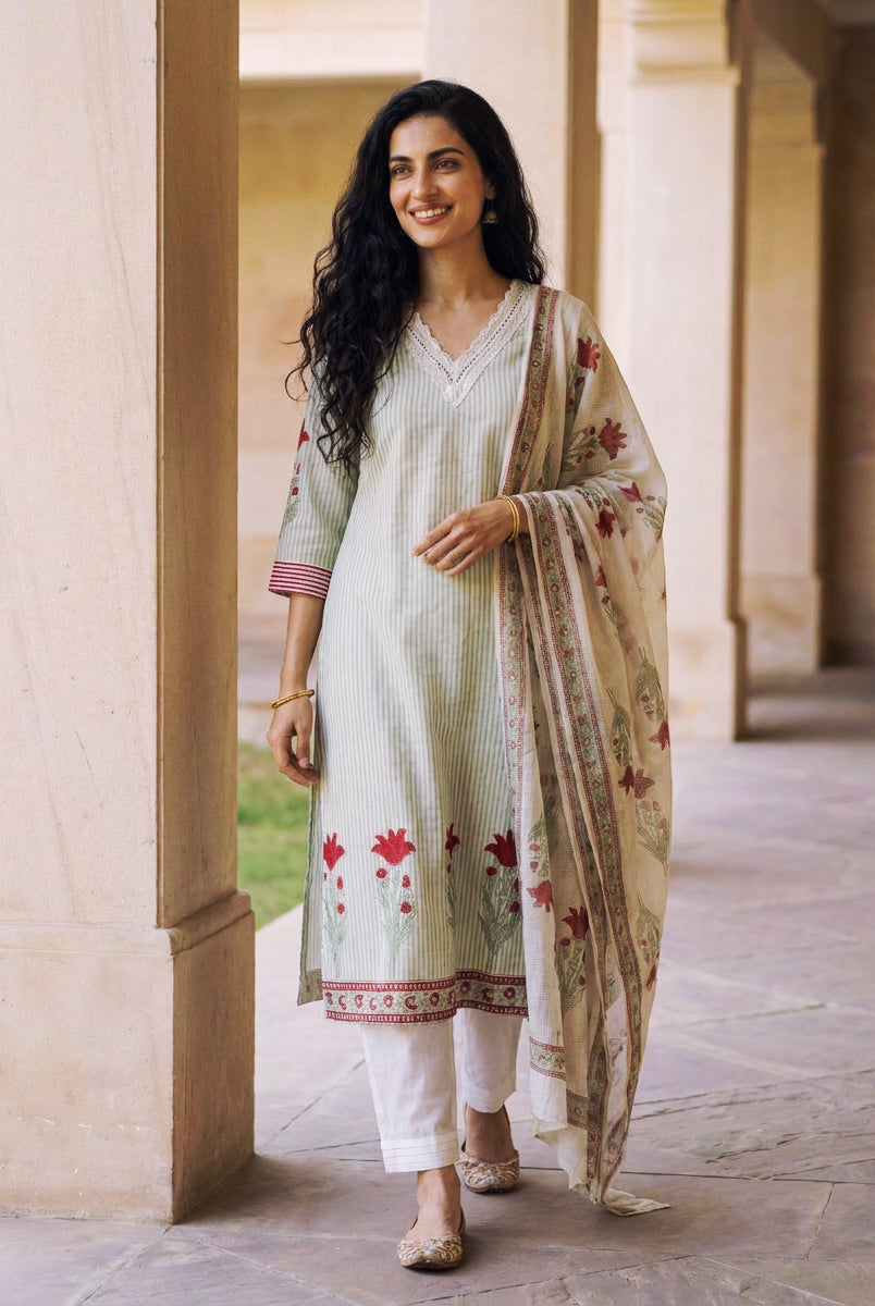 Sage Green Striped Hand Block Print Cotton Kurta Set with White Pants & Kota Dupatta — with dupatta, front view