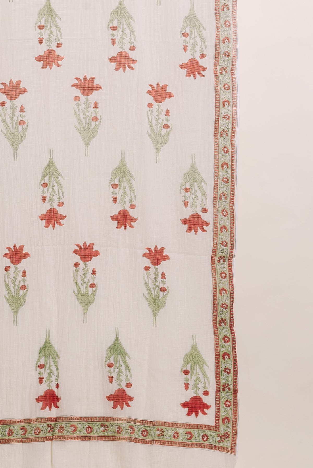 Sage Green Striped Hand Block Print Cotton Kurta Set with White Pants & Kota Dupatta — Kota Doria dupatta print detail