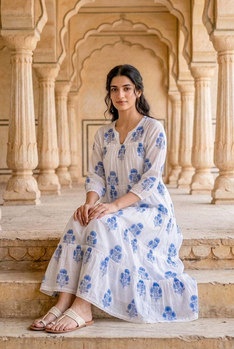 Blue Floral Hand Block Print Cotton Tiered Maxi Dress — view 1
