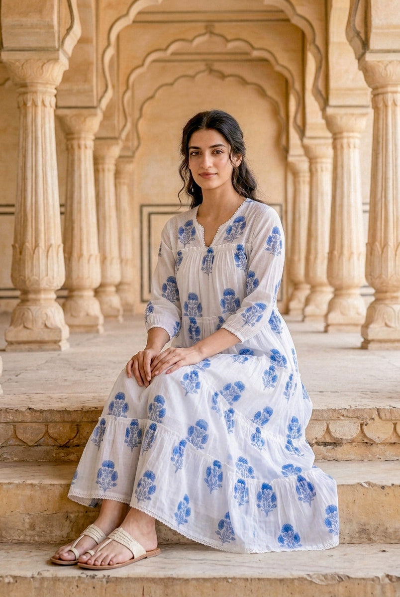 Blue Floral Hand Block Print Cotton Tiered Maxi Dress — view 1