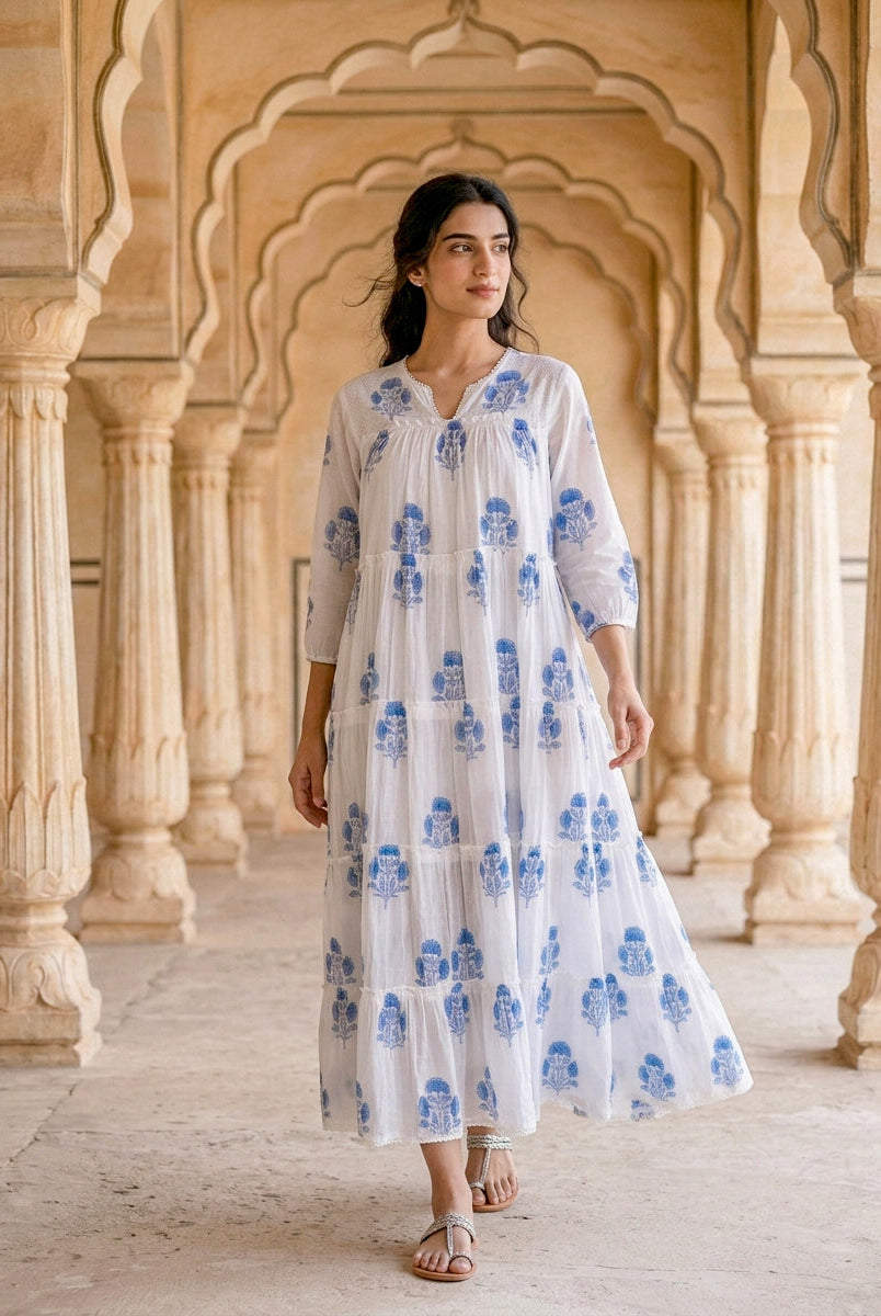 Blue Floral Hand Block Print Cotton Tiered Maxi Dress — view 2