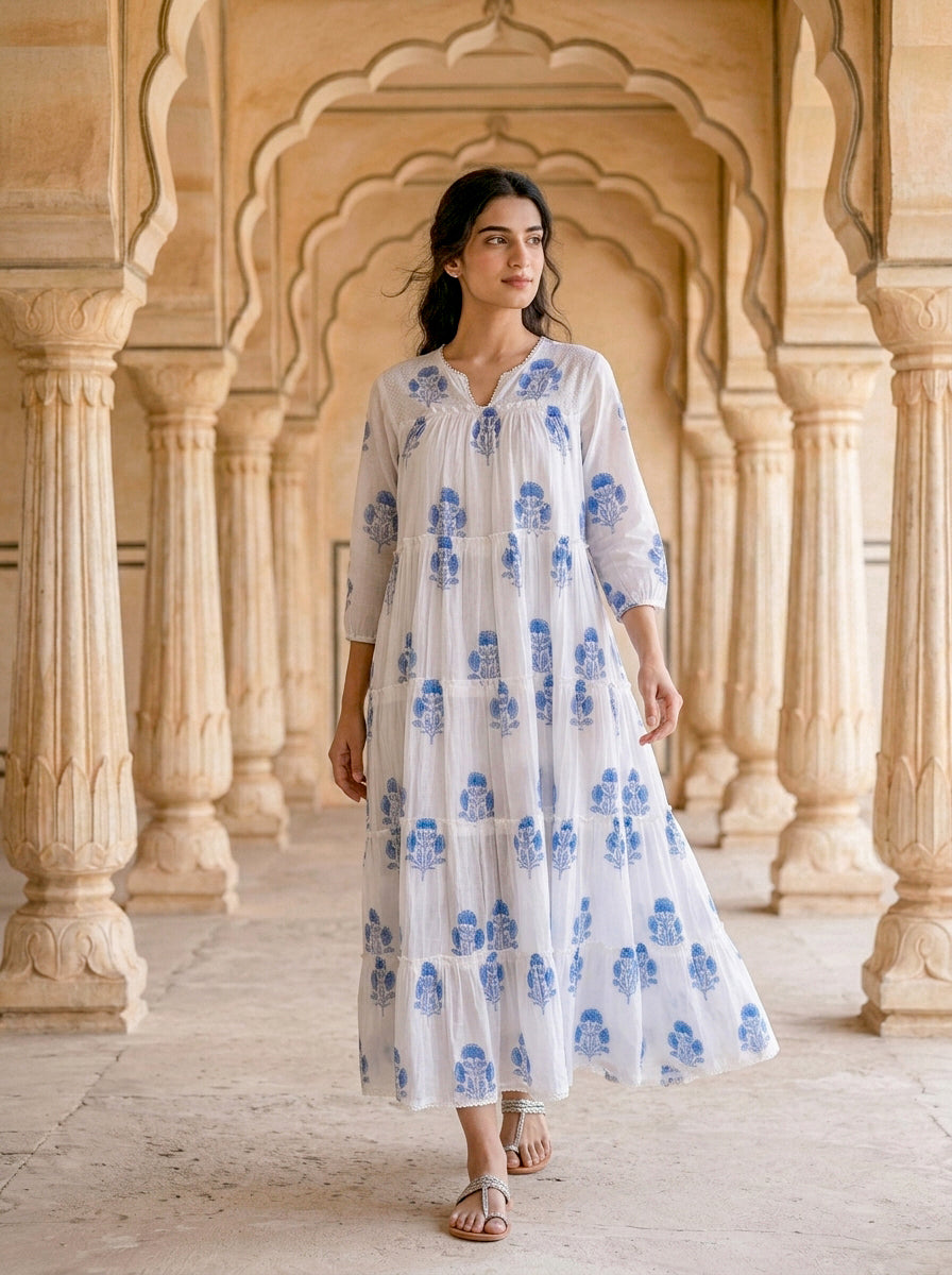 Blue Floral Hand Block Print Cotton Tiered Maxi Dress — view 2