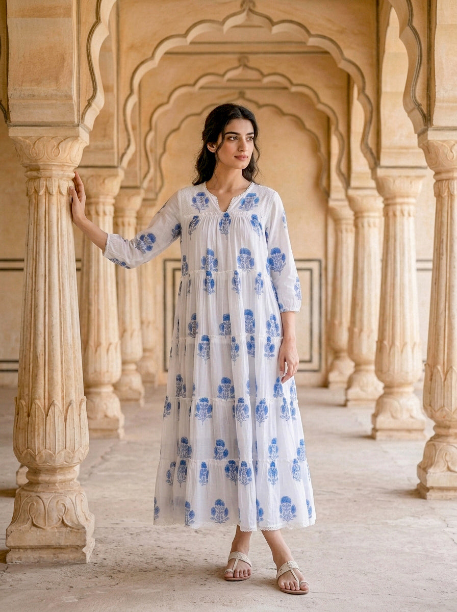Blue Floral Hand Block Print Cotton Tiered Maxi Dress — view 3