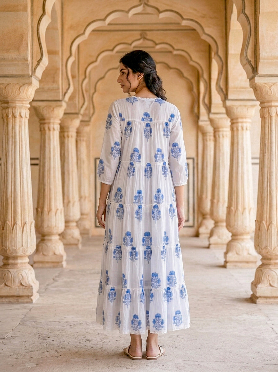 Blue Floral Hand Block Print Cotton Tiered Maxi Dress — view 4