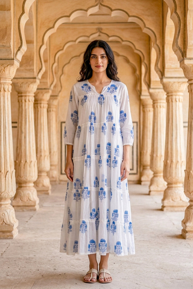 Full front look of model in white blue floral hand block print tiered maxi dress.