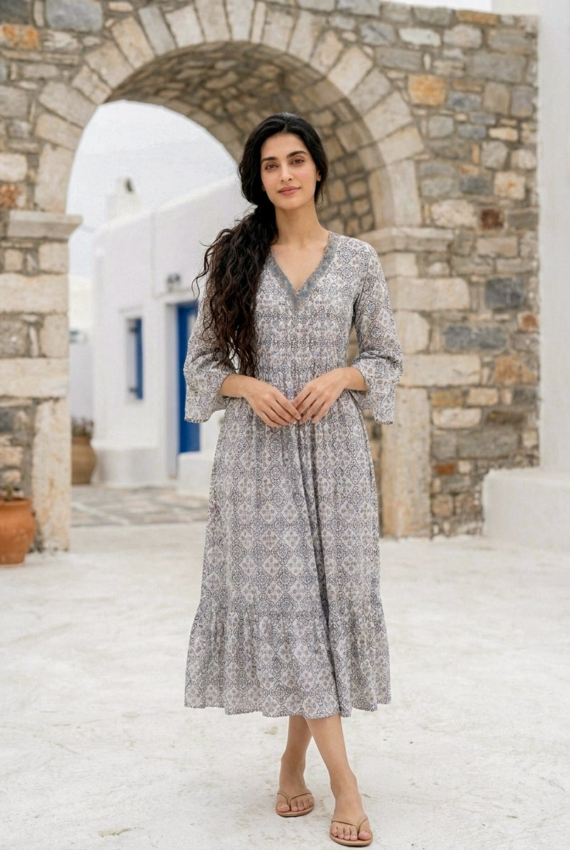 Multicolour Handblock Cotton Bell-Sleeve Dress with Pleated Yoke — product photo