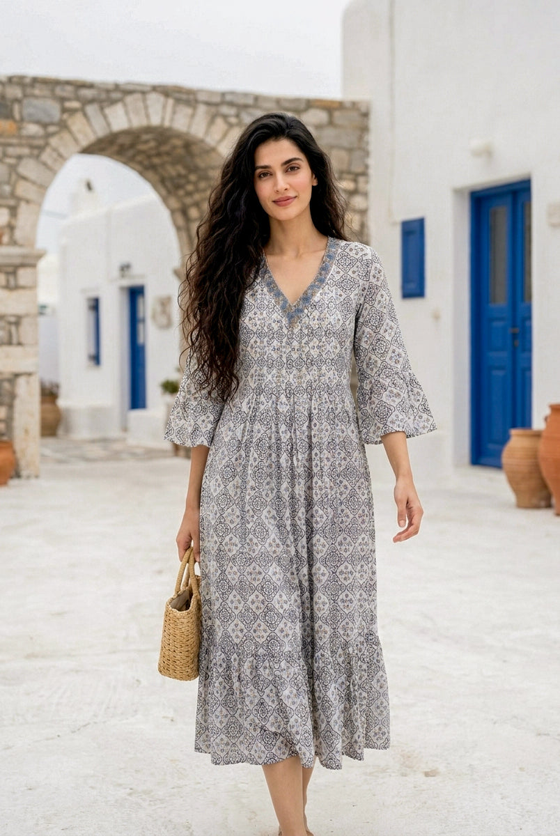 Multicolour Handblock Cotton Bell-Sleeve Dress with Pleated Yoke — product photo