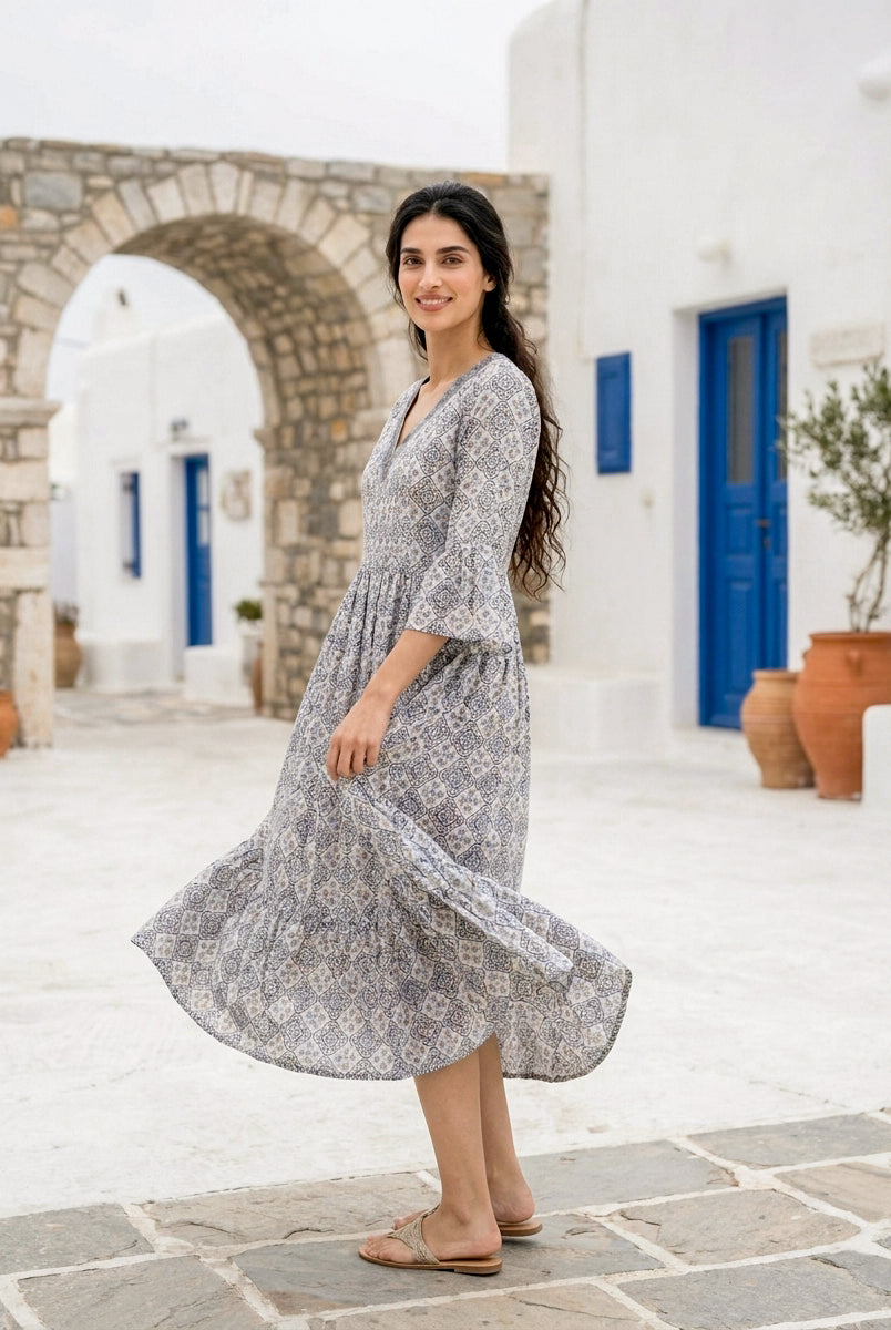Multicolour Handblock Cotton Bell-Sleeve Dress with Pleated Yoke — product photo