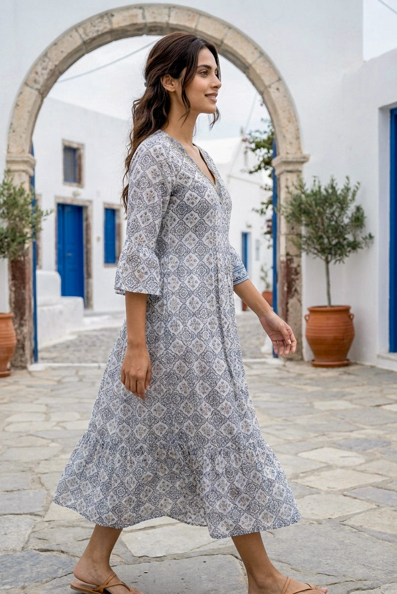 Multicolour Handblock Cotton Bell-Sleeve Dress with Pleated Yoke — product photo