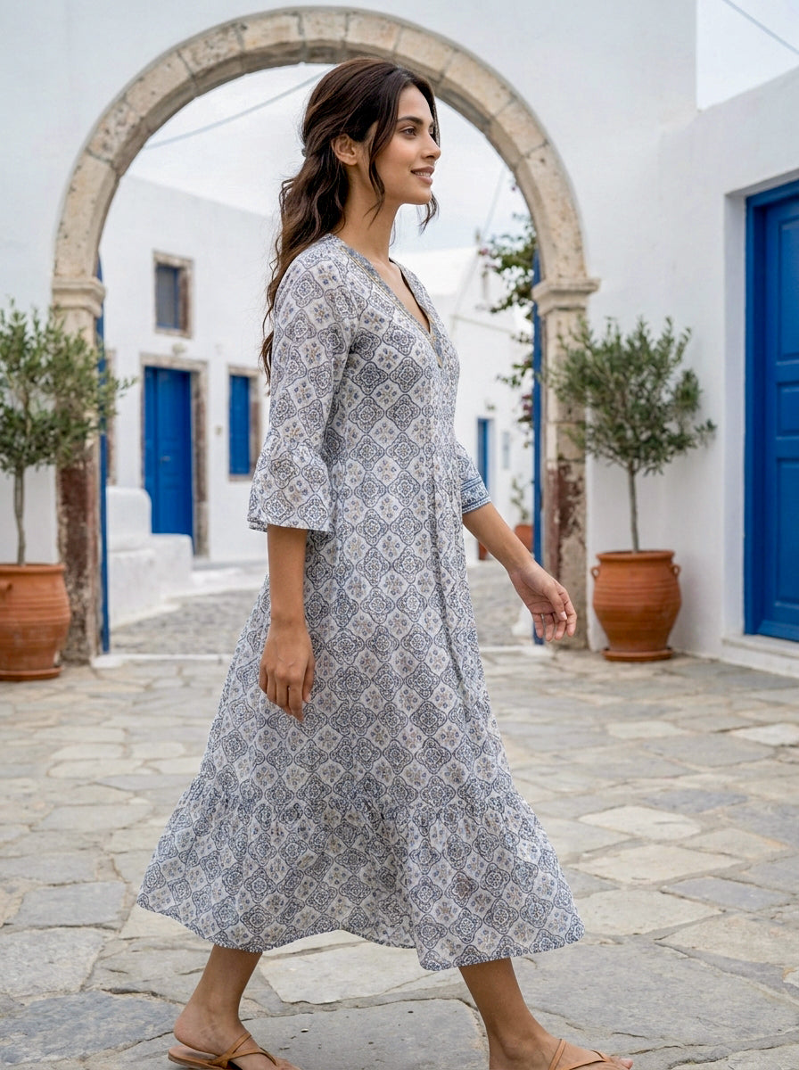 Multicolour Handblock Cotton Bell-Sleeve Dress with Pleated Yoke — product photo