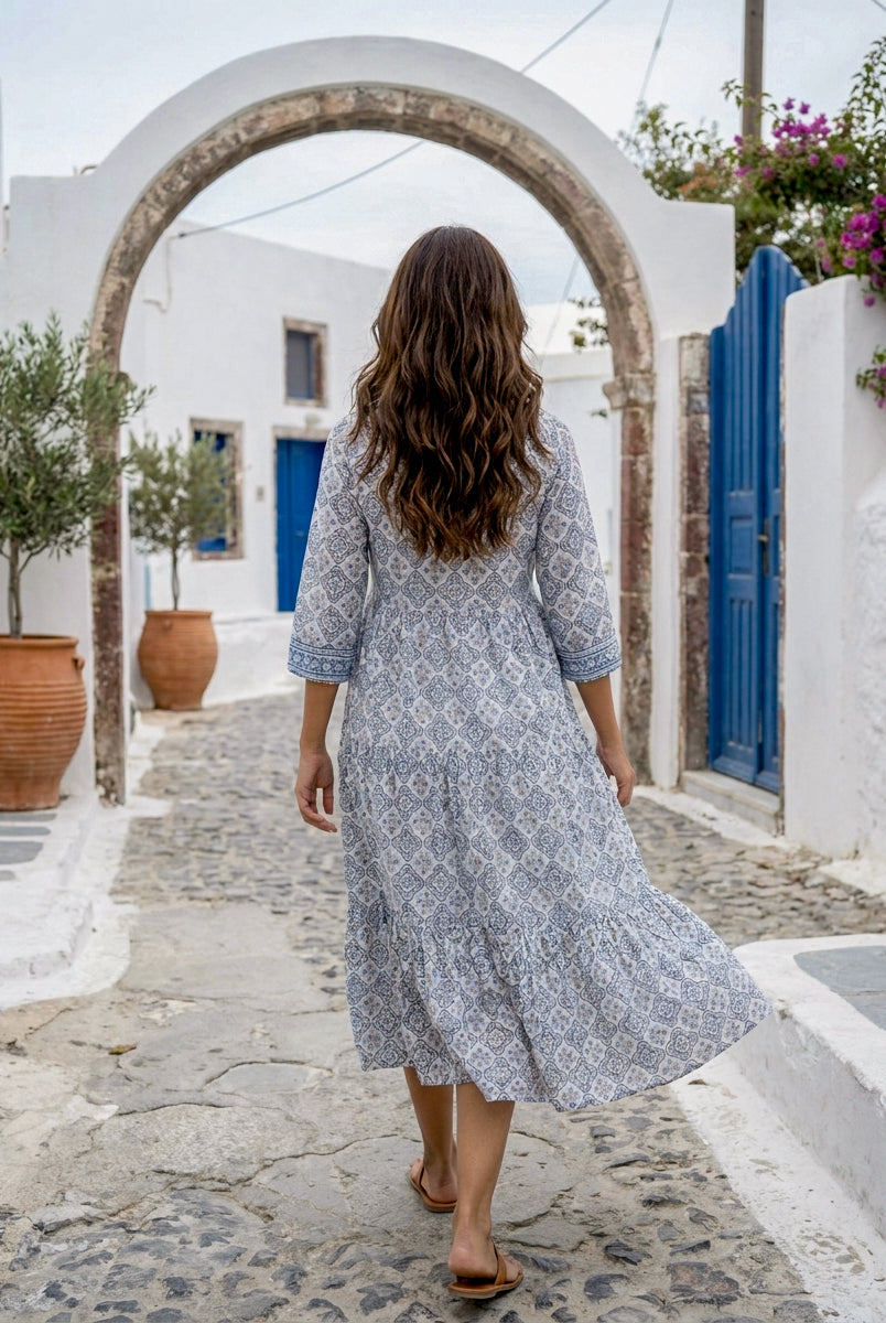 Multicolour Handblock Cotton Bell-Sleeve Dress with Pleated Yoke — product photo