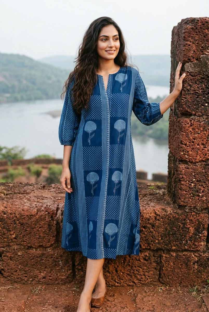 Full-length model in indigo handblock V-neck dress with stripes, dots, and floral prints.