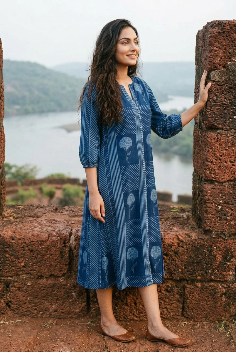Woman in full-length indigo handblock cotton dress with V-neck, stripes and floral motifs.