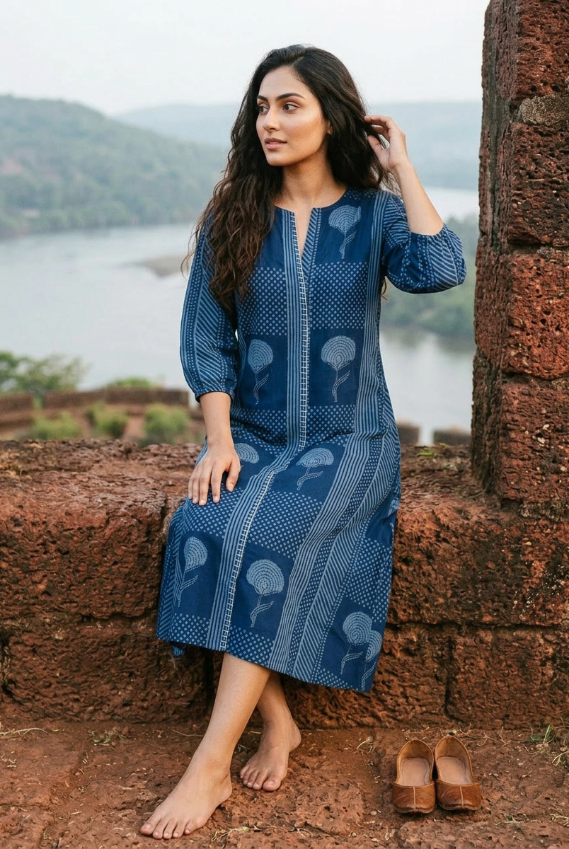Model in full look indigo handblock cotton dress with floral and geometric prints.