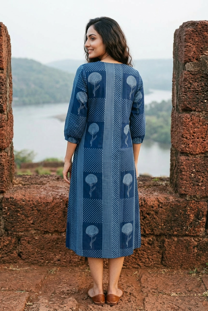 Back view of model wearing indigo handblock cotton dress with various patterned panels.