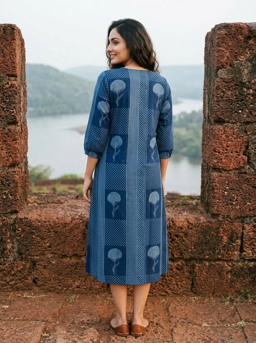 Back view of model wearing indigo handblock cotton dress with various patterned panels.