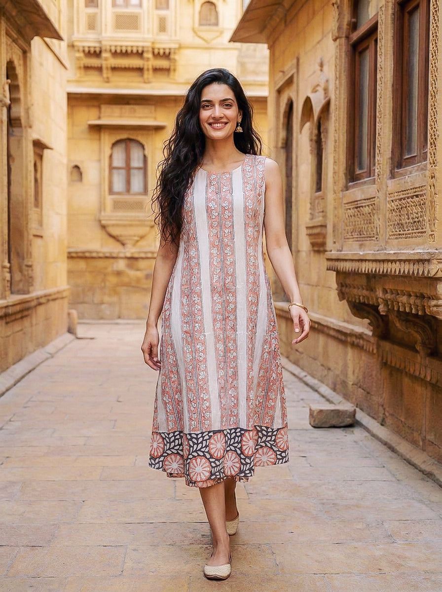 Peach & Charcoal Floral Handblock Cotton Layered Dress with Inner — matching sleeveless inner worn alone