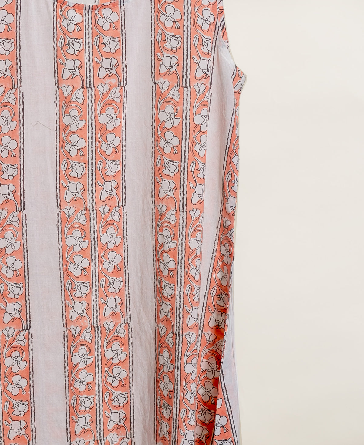 Peach & Charcoal Floral Handblock Cotton Layered Dress with Inner — inner stripe print detail