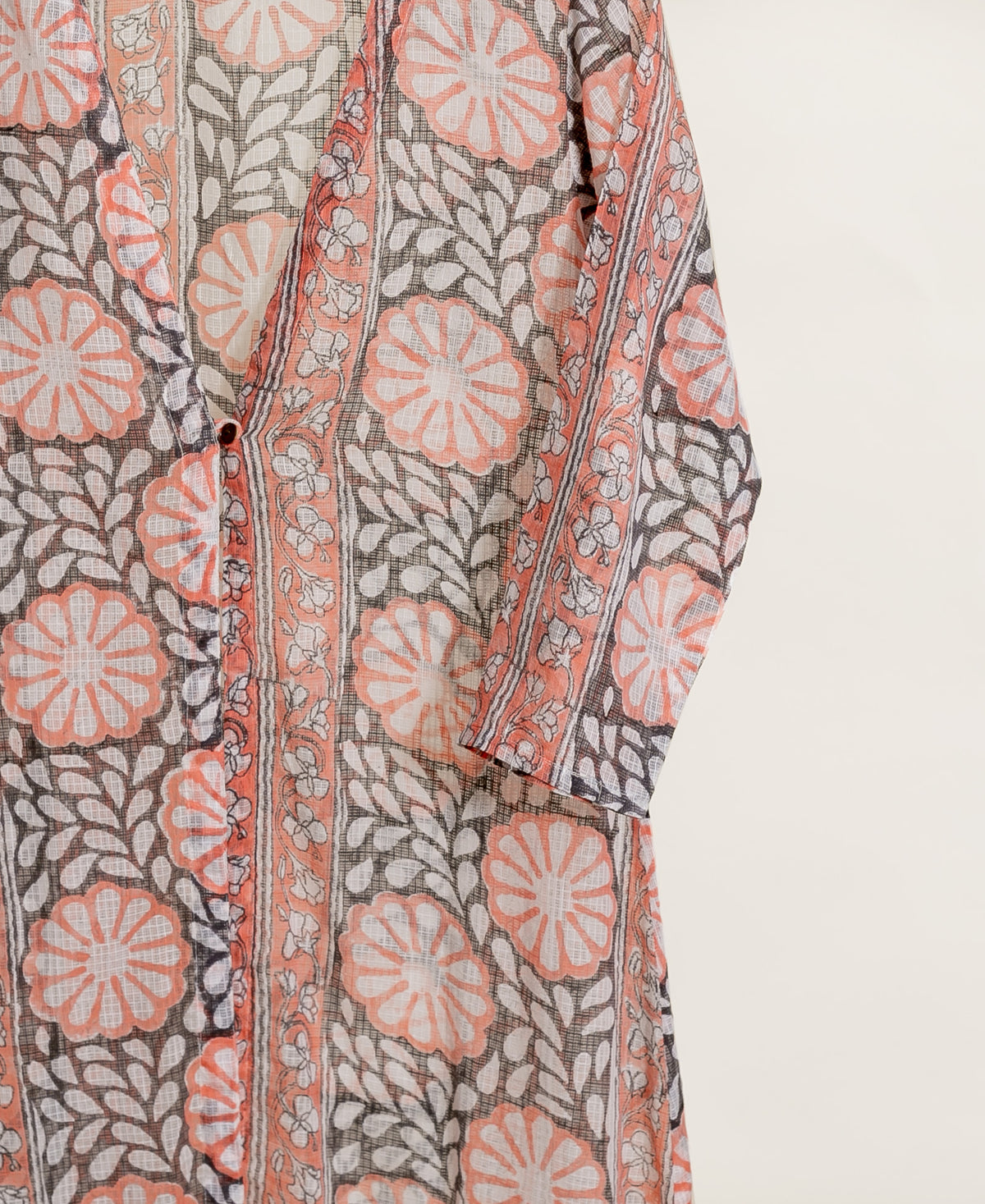 Peach & Charcoal Floral Handblock Cotton Layered Dress with Inner — hand block print fabric close-up