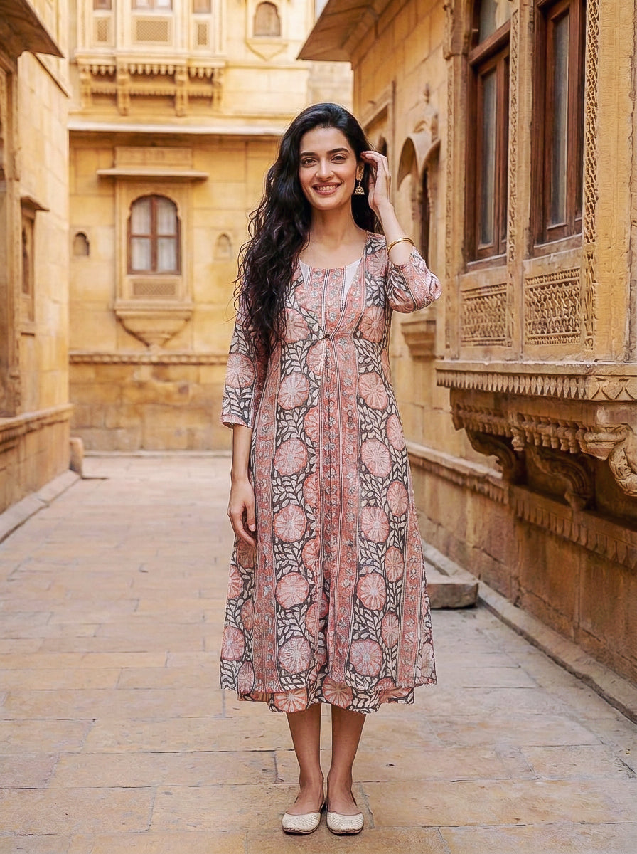 Peach & Charcoal Floral Handblock Cotton Layered Dress with Inner — front view