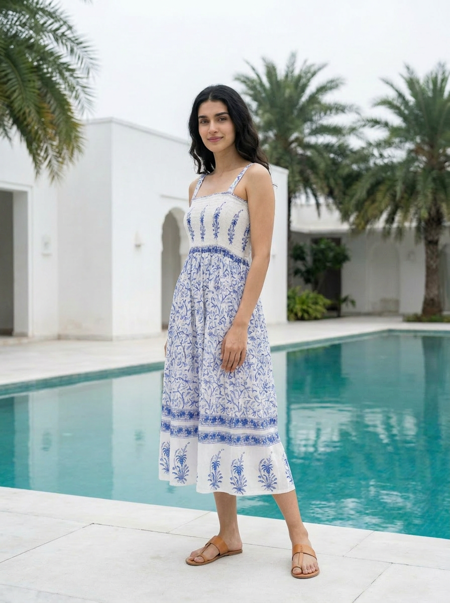Blue & White Floral Cotton Smocked Midi Dress — side view