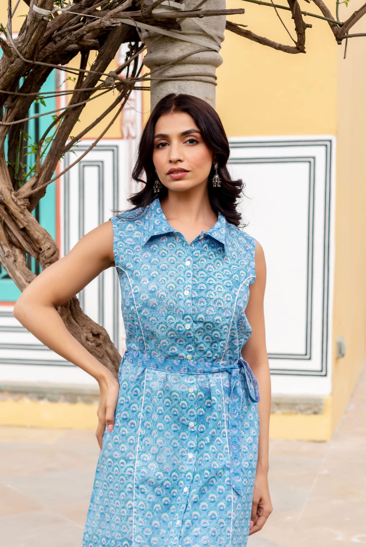 Posed model wearing a sleeveless light blue button-down dress with a detailed hand-block print.
