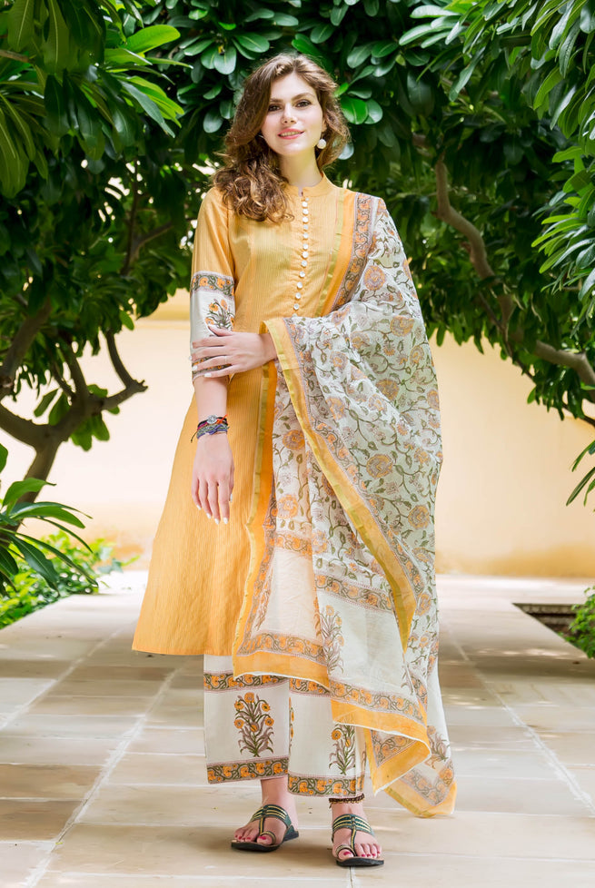 Mayukhi Straight Cut Hand Block Printed Front Slit Kurta — front view, three-piece set with block print dupatta