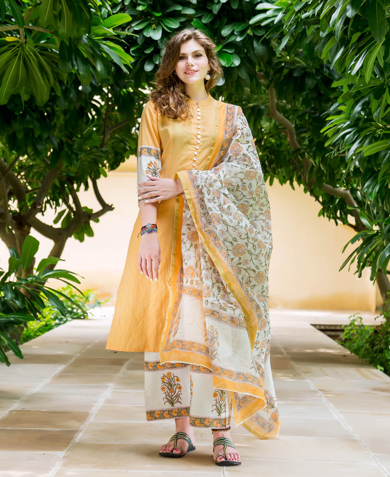 Mayukhi Straight Cut Hand Block Printed Front Slit Kurta — front view, three-piece set with block print dupatta