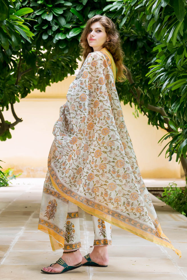 Mayukhi Straight Cut Hand Block Printed Front Slit Kurta — dupatta draped, showing the Chanderi jaal print