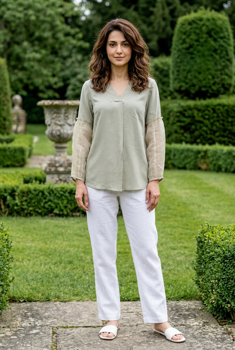 Sage Green Modal Top with Organza Sleeves — view 1