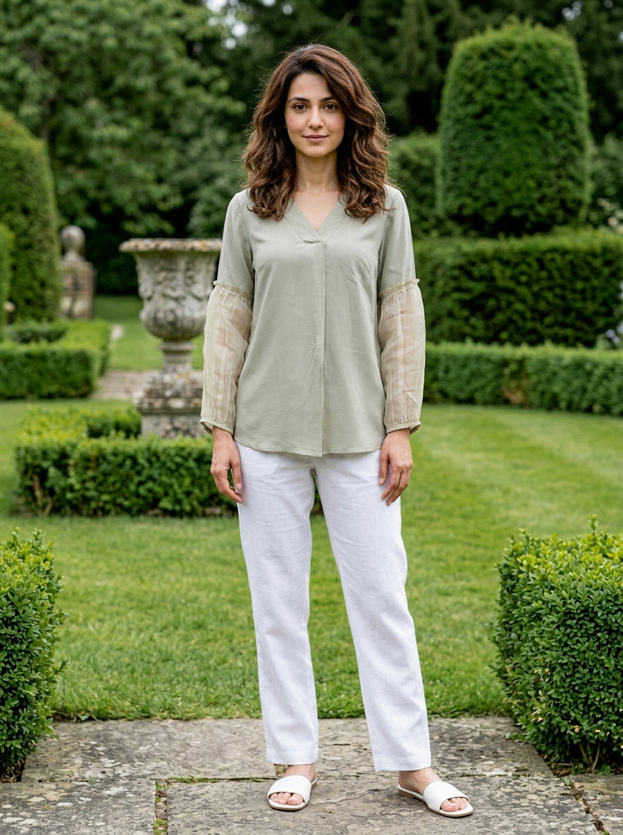 Sage Green Modal Top with Organza Sleeves — view 1