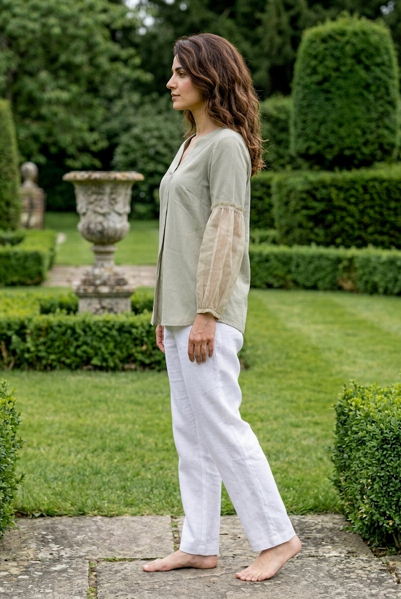 Sage Green Modal Top with Organza Sleeves — view 2