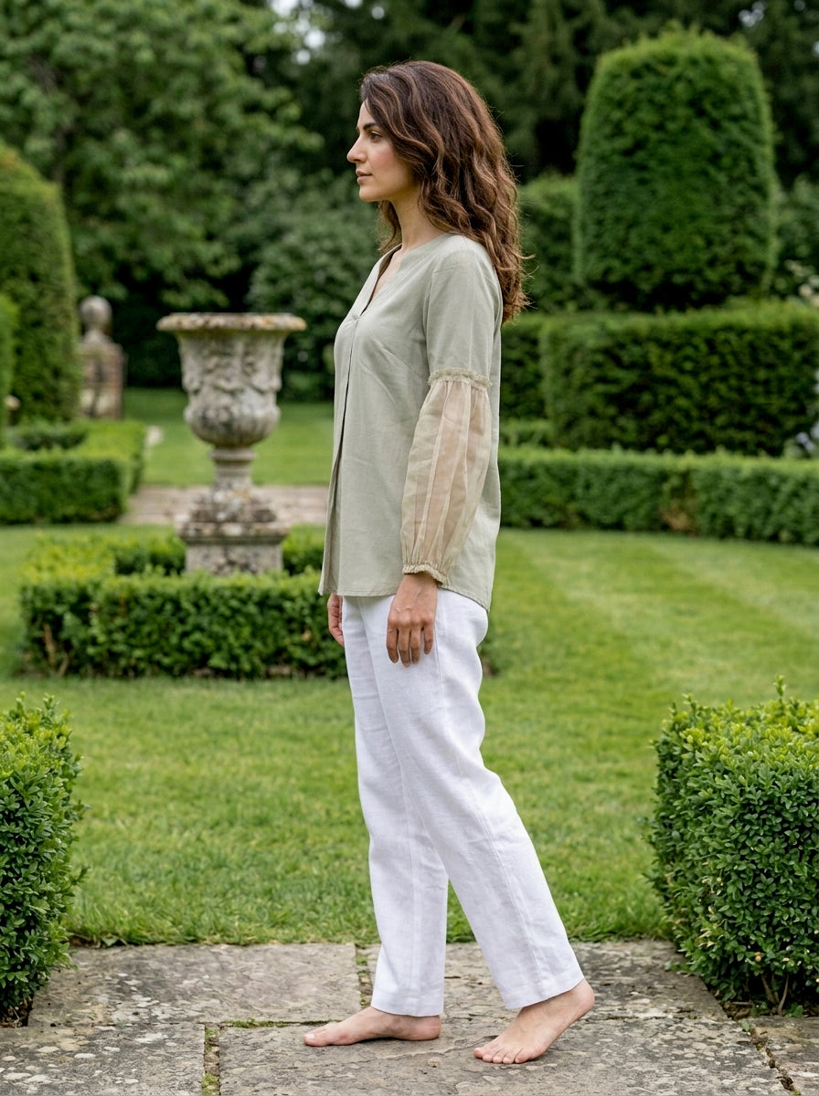 Sage Green Modal Top with Organza Sleeves — view 2