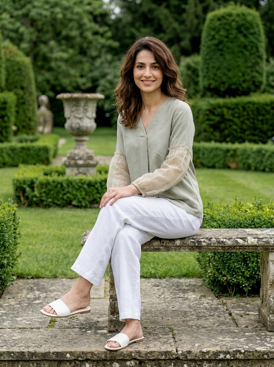 Sage Green Modal Top with Organza Sleeves — view 4