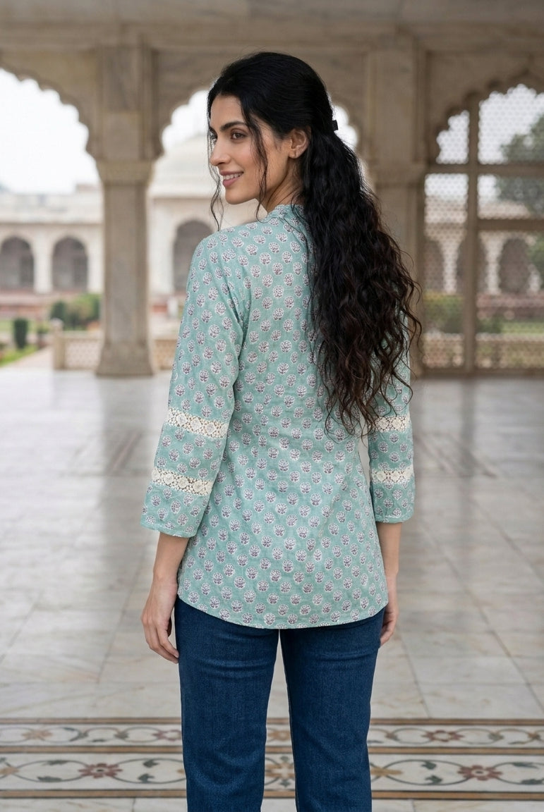 Aqua Handblock Cotton Mandarin Top with Lace Yoke — back view