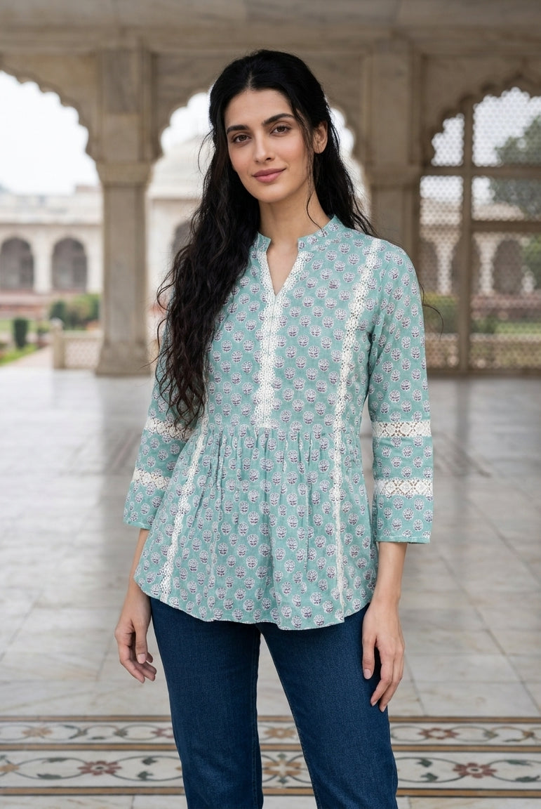 Aqua Handblock Cotton Mandarin Top with Lace Yoke — front view