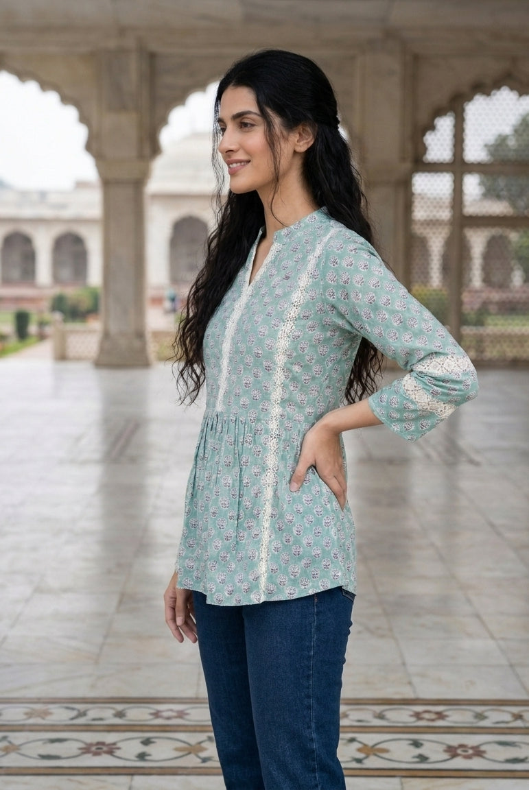 Aqua Handblock Cotton Mandarin Top with Lace Yoke — side view