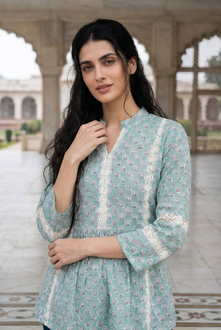 Aqua Handblock Cotton Mandarin Top with Lace Yoke — styled look
