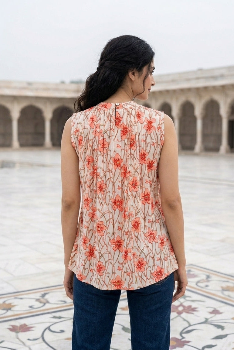 Ivory & Pink Halter-Neck Handblock Cotton Top — back view