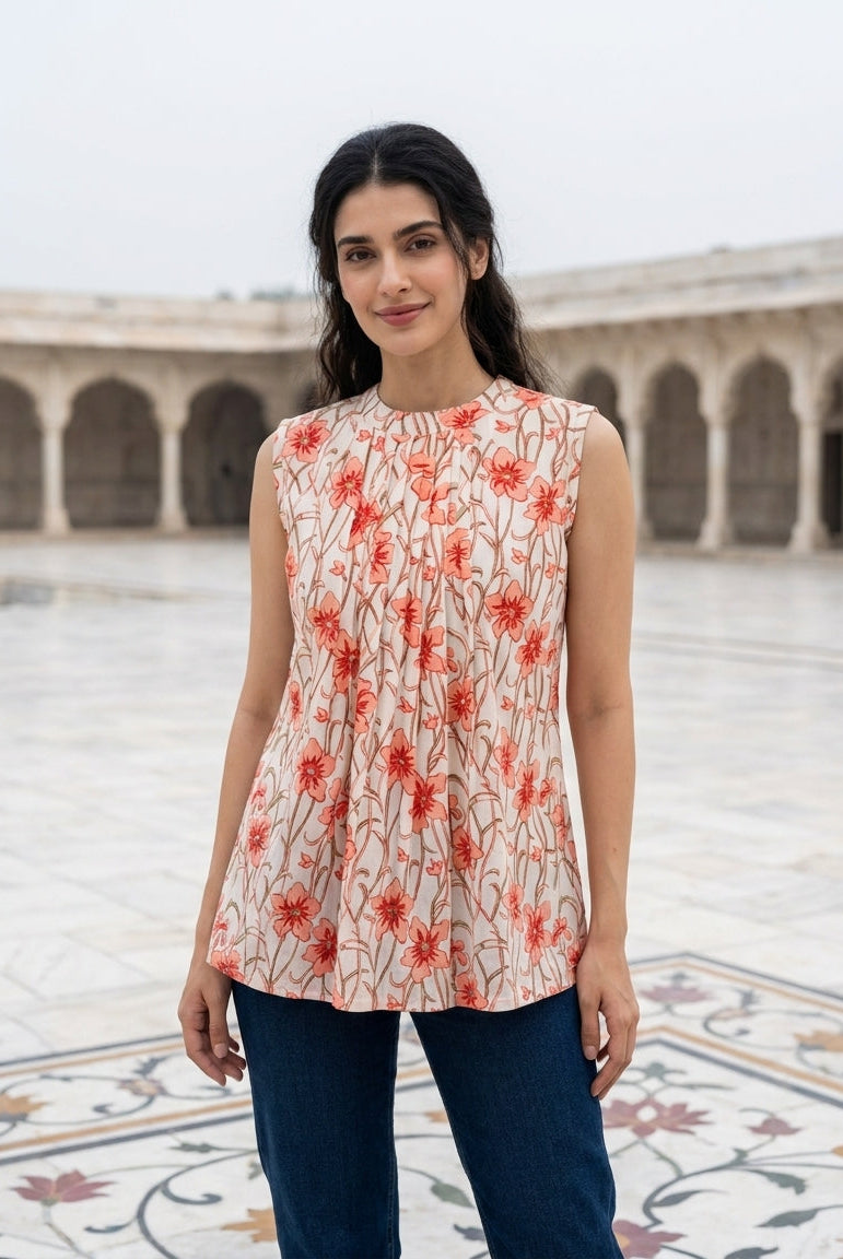 Ivory & Pink Halter-Neck Handblock Cotton Top — front view