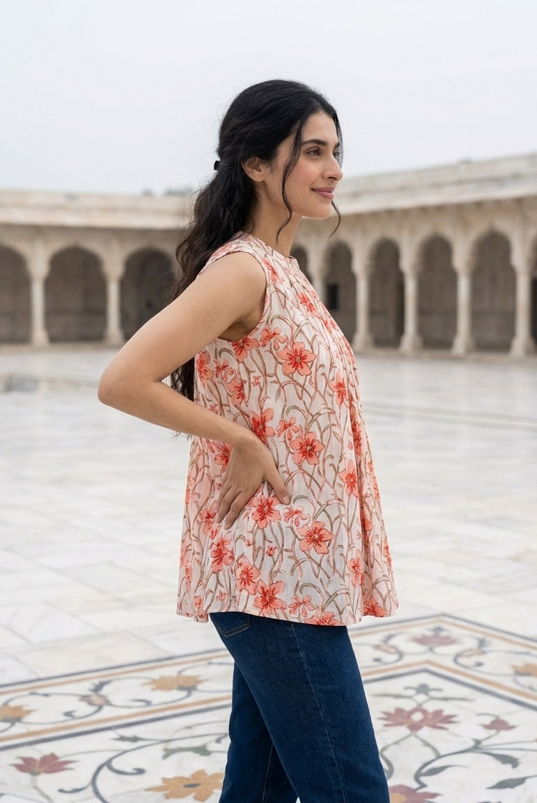 Ivory & Pink Halter-Neck Handblock Cotton Top — side view